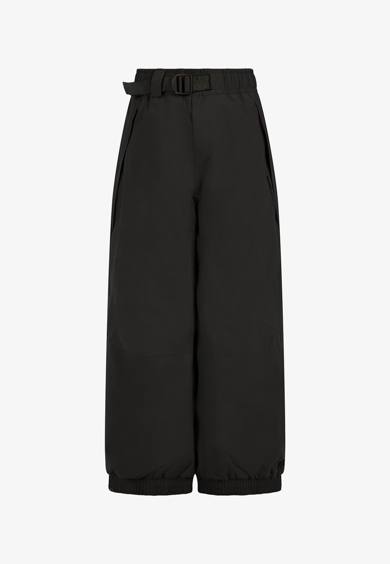 Černé široké kalhoty vyrobené z lehkého, hladkého materiálu. Obsahují pásek s přezkou, boční kapsy a elastické manžety.