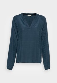 Blusa long-sleeve in teal scuro con scollo a V, caratterizzata da una finitura testurizzata e polsini arricciati, realizzata in un tessuto leggero e liscio.