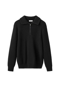Pullover in maglia nera con zip parziale sul davanti, colletto ampio e texture a coste. Presenta maniche lunghe e una vestibilità rilassata.