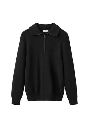 Pullover in maglia nera con zip parziale sul davanti, colletto ampio e texture a coste. Presenta maniche lunghe e una vestibilità rilassata.