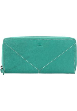 Turquoise leather wallet with a textured surface, featuring white stitching, a zip closure, and geometric design elements on the front.