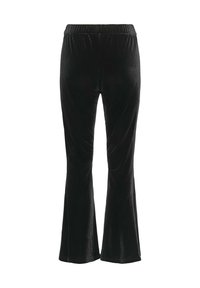 Pantalons évasés en velours noir avec une taille élastique, présentant une texture douce et une finition lisse. Conçus pour un ajustement décontracté.