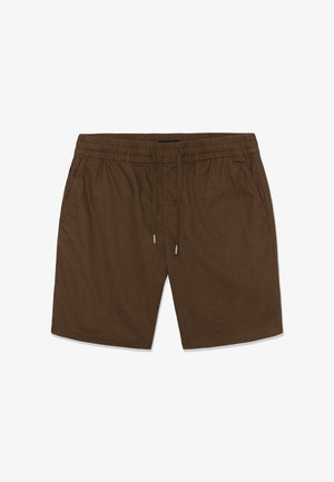 Brune shorts med elastisk midje, snor og sidelommer, lagt flatt på hvit bakgrunn.