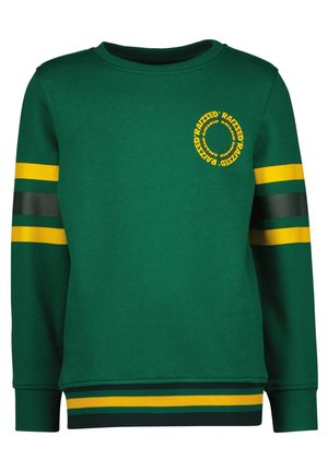 Grøn langærmet sweatshirt med gule og sorte striber på ærmer og kant, med gult rundt "RAIZZED" tekstlogo på venstre bryst.
