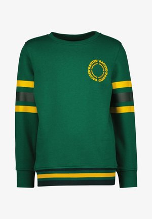 Sweat-shirt vert à manches longues avec des rayures jaunes et noires sur les manches et l'ourlet, arborant un logo texte circulaire jaune "RAIZZED" sur la poitrine gauche.
