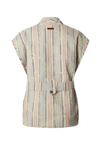 Chaleco sin mangas a rayas con líneas verticales en melocotón, gris y crema, con superposición de encaje floral y un cinturón con pestaña abotonada en la parte trasera.