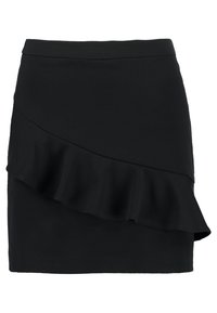 Gonna mini nera in tessuto elasticizzato con un'arricciatura diagonale su un lato e una vita liscia. Design semplice ed elegante.