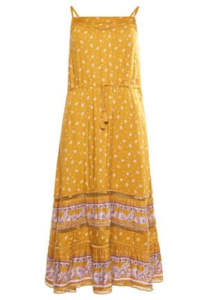 Robe d'été jaune sans manches avec fines bretelles, petits motifs floraux, ceinture à la taille et bordure décorative avec dentelle et motifs cachemire.