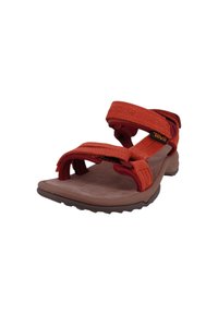 Teva sandals with adjustable orange straps, soft footbed, open-toe design, and rubber outsole. Velcro closures for secure fit.