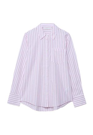 Langärmliges Hemd mit Knöpfen, rosa-weißen vertikalen Streifen, spitzem Kragen, Brusttasche vorne und abgerundetem Saum.