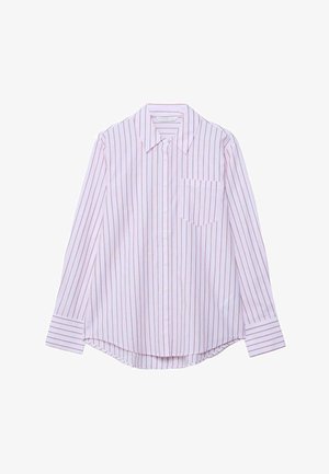 Langärmliges Hemd mit Knöpfen, rosa-weißen vertikalen Streifen, spitzem Kragen, Brusttasche vorne und abgerundetem Saum.