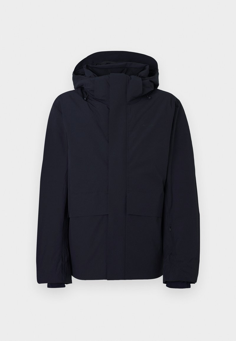 Navy blue parka jacket made of water-resistant fabric, featuring a large hood, zip front, and two large front pockets. Smooth texture, relaxed fit.
