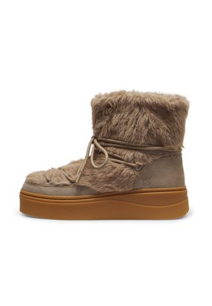 Bottes mi-hauteur avec dessus en fourrure marron clair, détails en daim, fermeture à lacets et épaisse semelle en caoutchouc beige pour l'hiver.