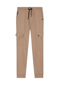 Beige Cargo-Hosen aus weichem Stoff, mit einem elastischen Taillenbund und Kordelzug, seitlichen Reißverschlusstaschen und knopfverschlossenen Cargo-Taschen.