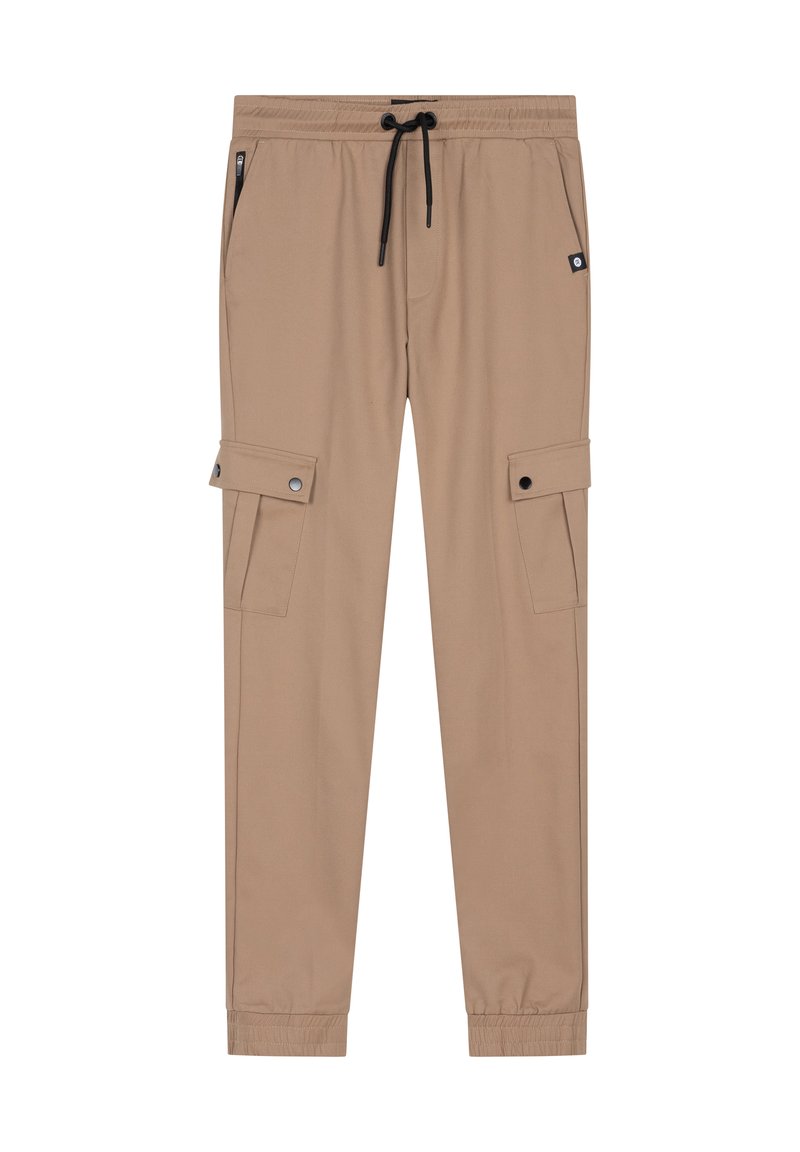 Beige Cargo-Hosen aus weichem Stoff, mit einem elastischen Taillenbund und Kordelzug, seitlichen Reißverschlusstaschen und knopfverschlossenen Cargo-Taschen.