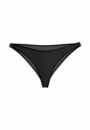 Sous-vêtements bikini pour femmes noires avec des panneaux en maille semi-transparente sur les côtés et à l'avant, finition en tissu lisse.