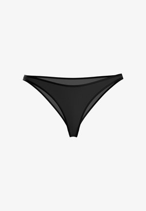Sous-vêtements bikini pour femmes noires avec des panneaux en maille semi-transparente sur les côtés et à l'avant, finition en tissu lisse.