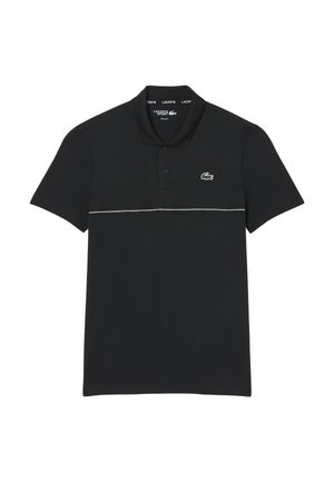 Schwarzes Poloshirt aus glattem Stoff, mit Kragen, Drei-Knopf-Leiste und grünem Lacoste-Logo mit weißem Akzentstreifen.