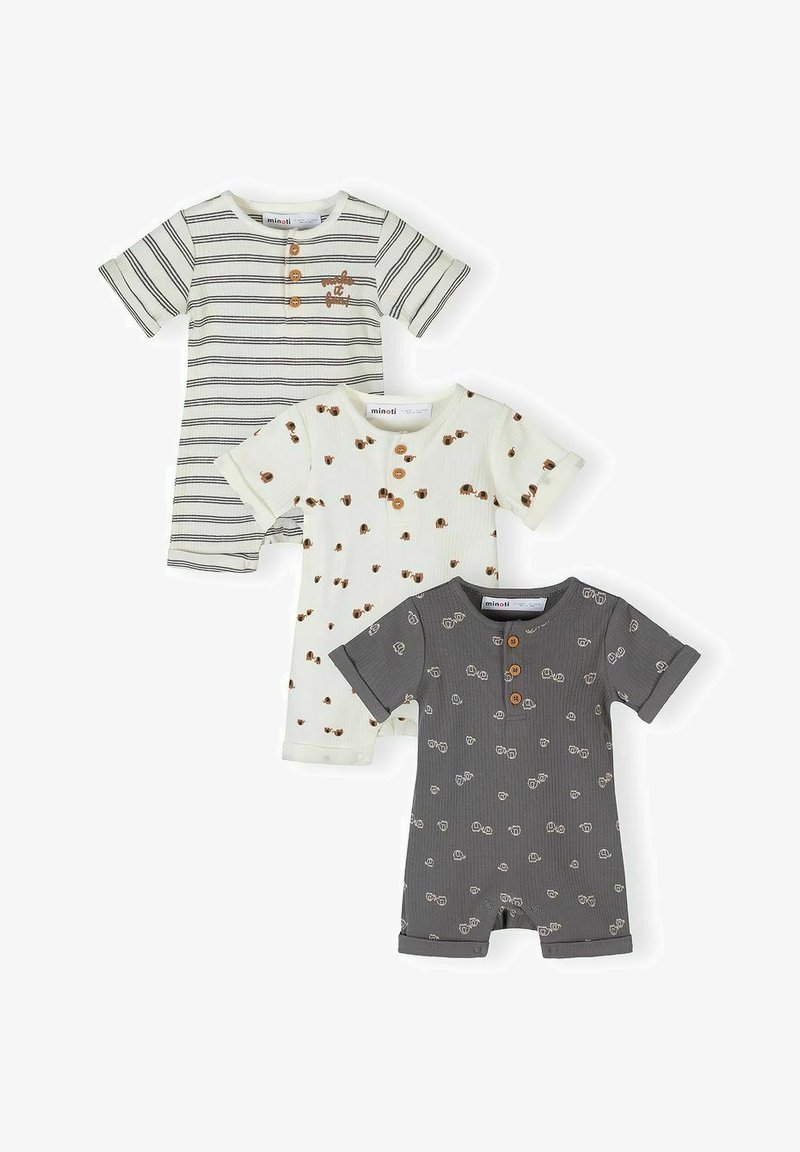 Trois grenouillères pour bébé à manches courtes : blanche avec des rayures noires, blanche avec des motifs de glands bruns, et grise avec des visages d'ours blancs, toutes avec des boutons en bois.