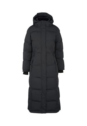 Lang pufferjakke i svart, med hette, glidelåslukking, sidelommer og ribbestrikkede mansjetter. Lommer i quiltet tekstur gir isolasjon og varme.
