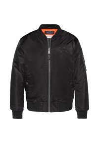 Giubbotto bomber nero in tessuto liscio e resistente con fodera arancione, dotato di zip frontale, polsini a coste e tasca laterale.