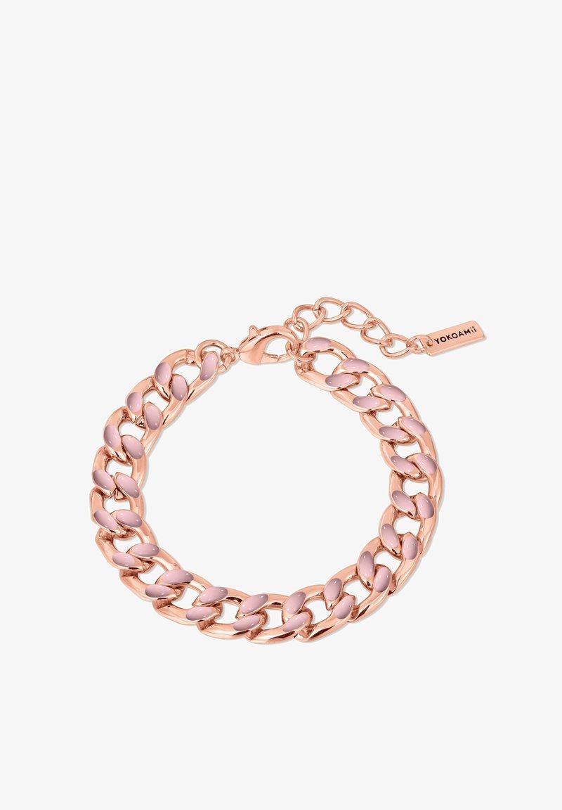 Roosa kuldne käevõru suure ahelakujundusega, millel on ovaalsed roosa emailiga aktsendid ja kreeperlukk koos sildiga.