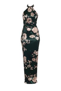 Grünes, blumengemustertes Maxikleid mit einem Halterneck-Design. Hergestellt aus einem glatten Stoff, der beigen Blumen und dunkelgrünen Akzenten enthält.