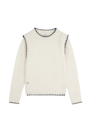 Suéter color crema con textura acanalada, cuello redondo y ribete negro en forma de concha en el cuello y las mangas. Logo sutil en la parte inferior.
