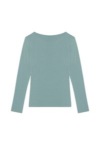 Langarmshirt aus weichem, lichtem Teal-Stoff. Verfügt über einen weiten Ausschnitt und ein tailliertes Design mit glatter Textur und ohne Muster oder Beschläge.