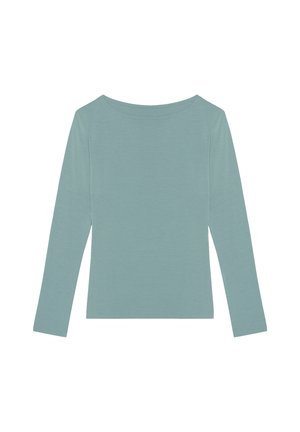 Langarmshirt aus weichem, lichtem Teal-Stoff. Verfügt über einen weiten Ausschnitt und ein tailliertes Design mit glatter Textur und ohne Muster oder Beschläge.