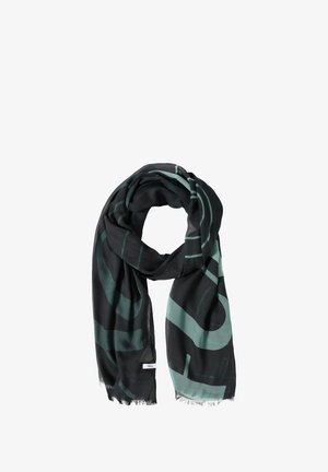 Zwarte sjaal met mintgroene grafische patronen; lichtgewicht stof; franjes aan de randen; gedrapeerd in een lusstijl.