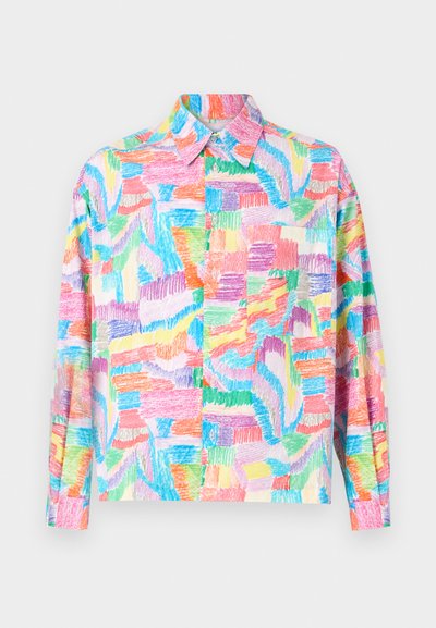 Colorful long-sleeve shirt featuring a patchwork design with vibrant hues of pink, green, blue, and orange; classic collar and button closure.