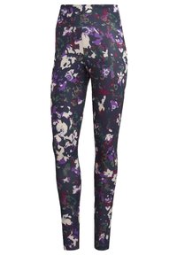 Patterned leggings with a high waistband featuring a multicolor floral design in purple, white, and green against a dark background.