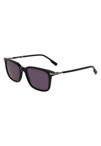 Ochelari de soare rectangulare negre cu lentile de nuanță purpurie, având un design elegant și accente metalice pe balama.