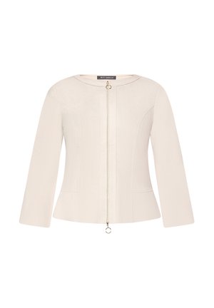 Lys beige damejakke med lange ærmer, rund halsudskæring, figursyet talje og en central lynlås med ringen trækfane.