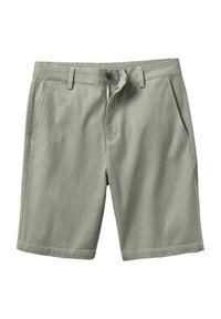 Helles grünes Shorts aus weichem Material, mit Knopfverschluss, Gürtelschlaufen und seitlichen Taschen. Klassisches Design mit geradem Bein.