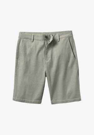 Light green shorts made of soft fabric, featuring a button closure, belt loops, and side pockets. Classic straight-leg design.