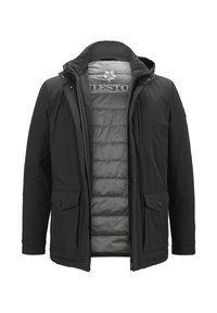 Schwarze isolierte Jacke mit Reißverschluss- und Knopfverschluss, zwei Fronttaschen und einem grauen gesteppte Futter. Hat eine abnehmbare Kapuze.