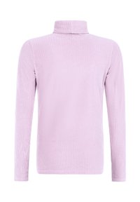 Haut à manches longues à col roulé de couleur violet clair, fabriqué en tissu côtelé, avec une coupe ajustée, un col haut et une surface texturée.