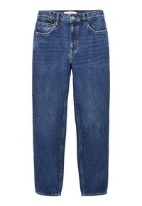 Blue denim jeans with a straight leg, five-pocket design, visible stitching, and a button-fly closure. Classic midrise waist.
