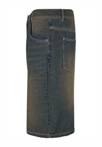 Denim skirt in dark blue, straight cut, knee-length, with a back pocket and an unfinished hem. Material shows slight texture and fading.