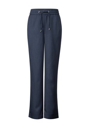 Mörkblå, lätta loungebyxor med dragsko i midjan, rak benmodell och en mjuk textur. Har en subtil glans.