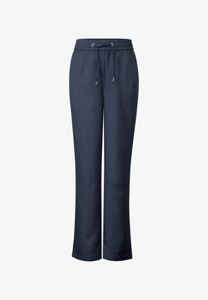 Pantaloni lounge leggeri di colore blu navy con vita regolabile tramite coulisse, design a gamba dritta e texture liscia. Presentano una sottile lucentezza.