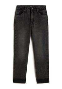 Jeans de mezclilla negra con un acabado desgastado, que cuentan con cinco bolsillos, una cinturilla estándar y puños enrollados. Diseño clásico y costuras reforzadas.