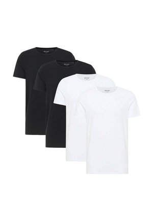Vier schlichte T-Shirts mit Rundhalsausschnitt, zwei schwarze und zwei weiße, versetzt nebeneinander auf weißem Hintergrund angeordnet.