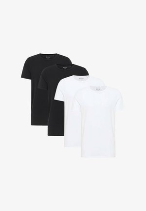 Vier schlichte T-Shirts mit Rundhalsausschnitt, zwei schwarze und zwei weiße, versetzt nebeneinander auf weißem Hintergrund angeordnet.