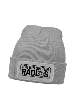 Gray knit beanie with folded cuff featuring a rectangular patch that reads "ICH BIN SELTEN RADLOS" with a bicycle icon replacing the letter O.