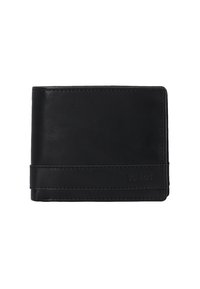 Black leather wallet with sleek design, bi-fold structure, visible stitching, and embossed brand logo on the front. Textured surface.