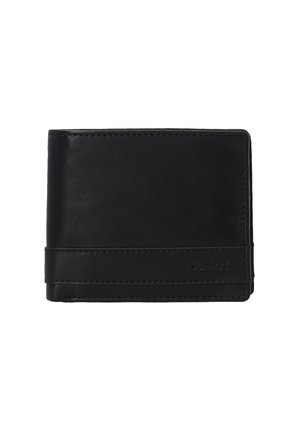 Black leather wallet with sleek design, bi-fold structure, visible stitching, and embossed brand logo on the front. Textured surface.