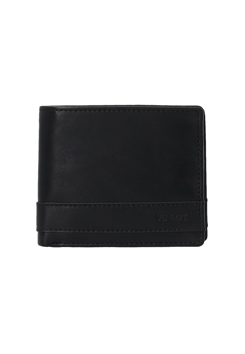Black leather wallet with sleek design, bi-fold structure, visible stitching, and embossed brand logo on the front. Textured surface.